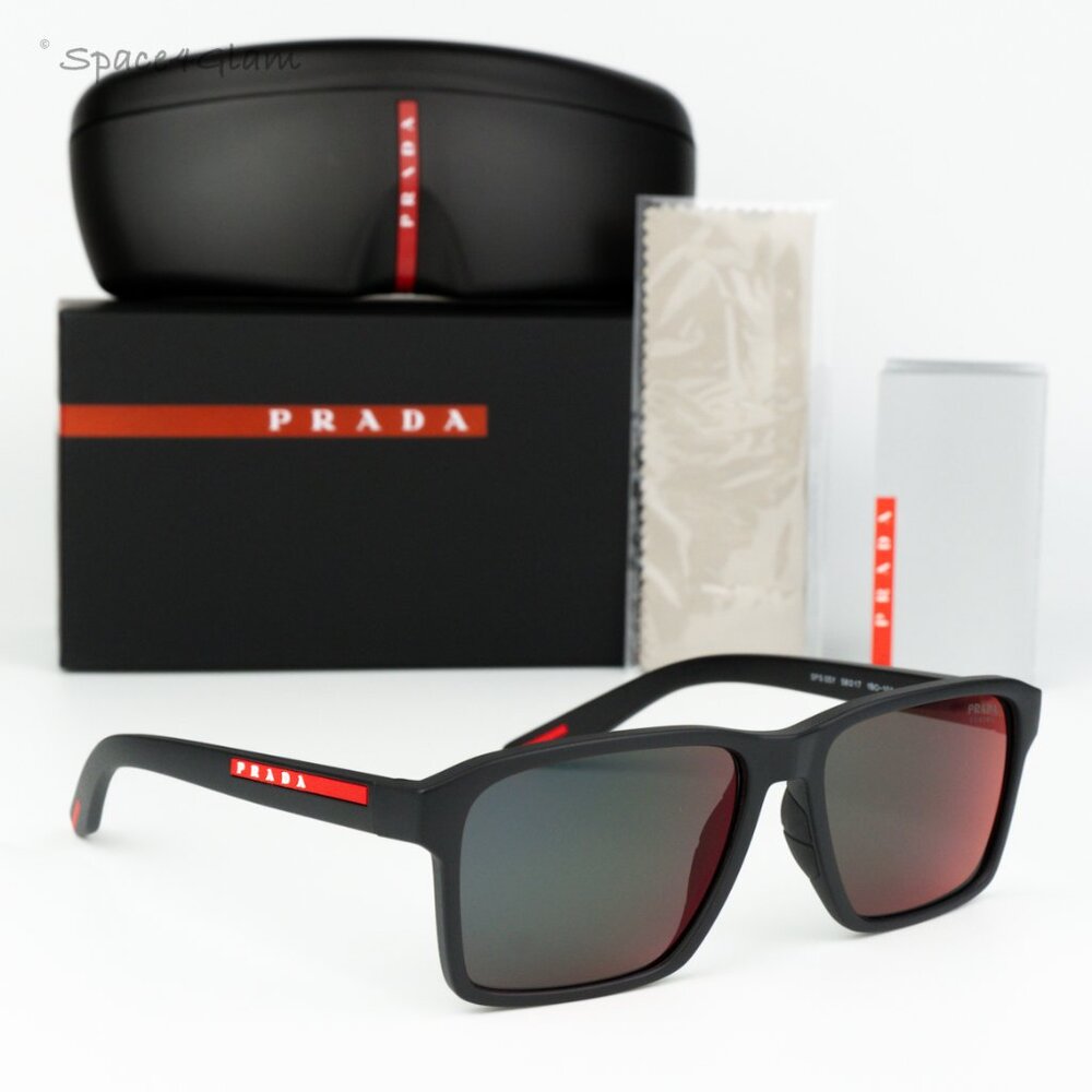Prada Linea Rossa Women Sunglasses Black Grey Red Rectangle PS05YS 1BO10A NEW